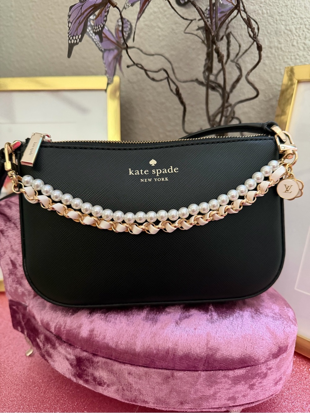 kate spade Black Leather Pearl-Trim Shoulder Bag